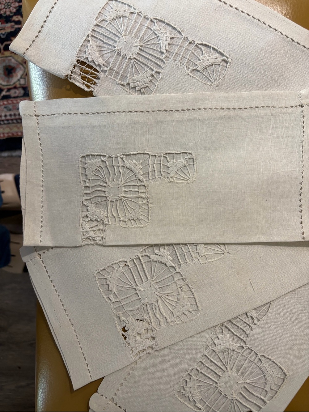 Vintage White Linen Cutwork Dinner Napkins